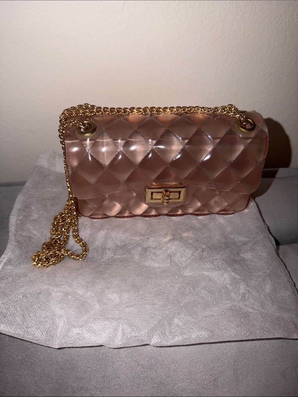 Quilted Clear Pink Crossbody Bag with Gold Chain